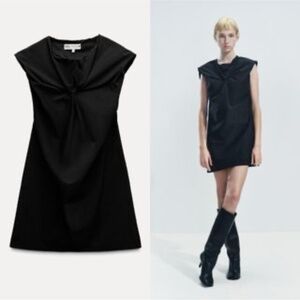 ZARA KNOTTED MINI SLEEVELESS ASYMMETRIC NECKLINE BLACK DRESS M NWT